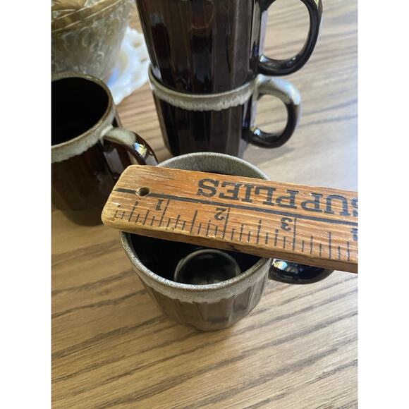 Vintage Midcentury Brown Drip Glaze Stackable Clay Coffee Mugs Set of 4 - Picture 7 of 7